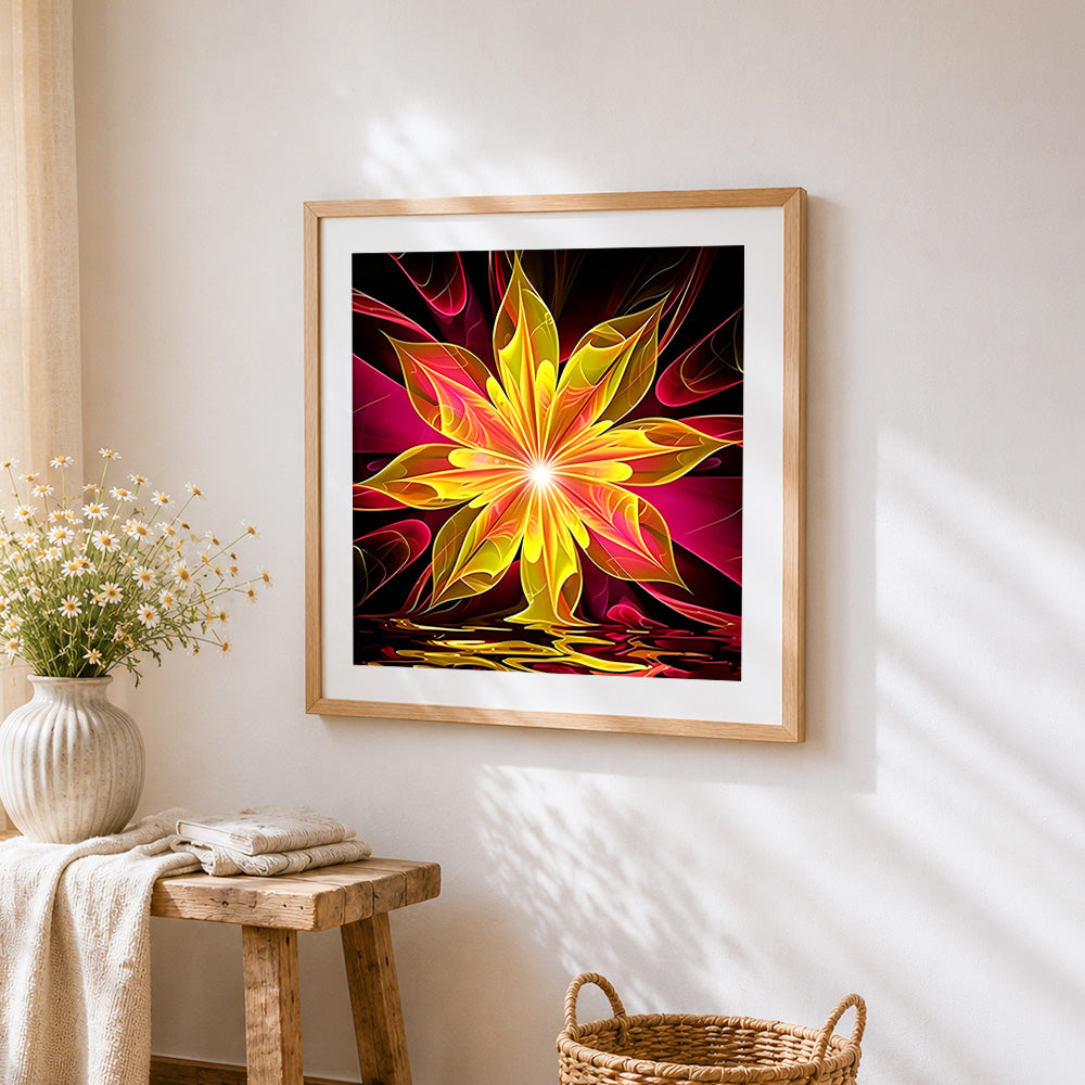 Glowing golden flower cross stitch artwork displayed on wall as home decor
