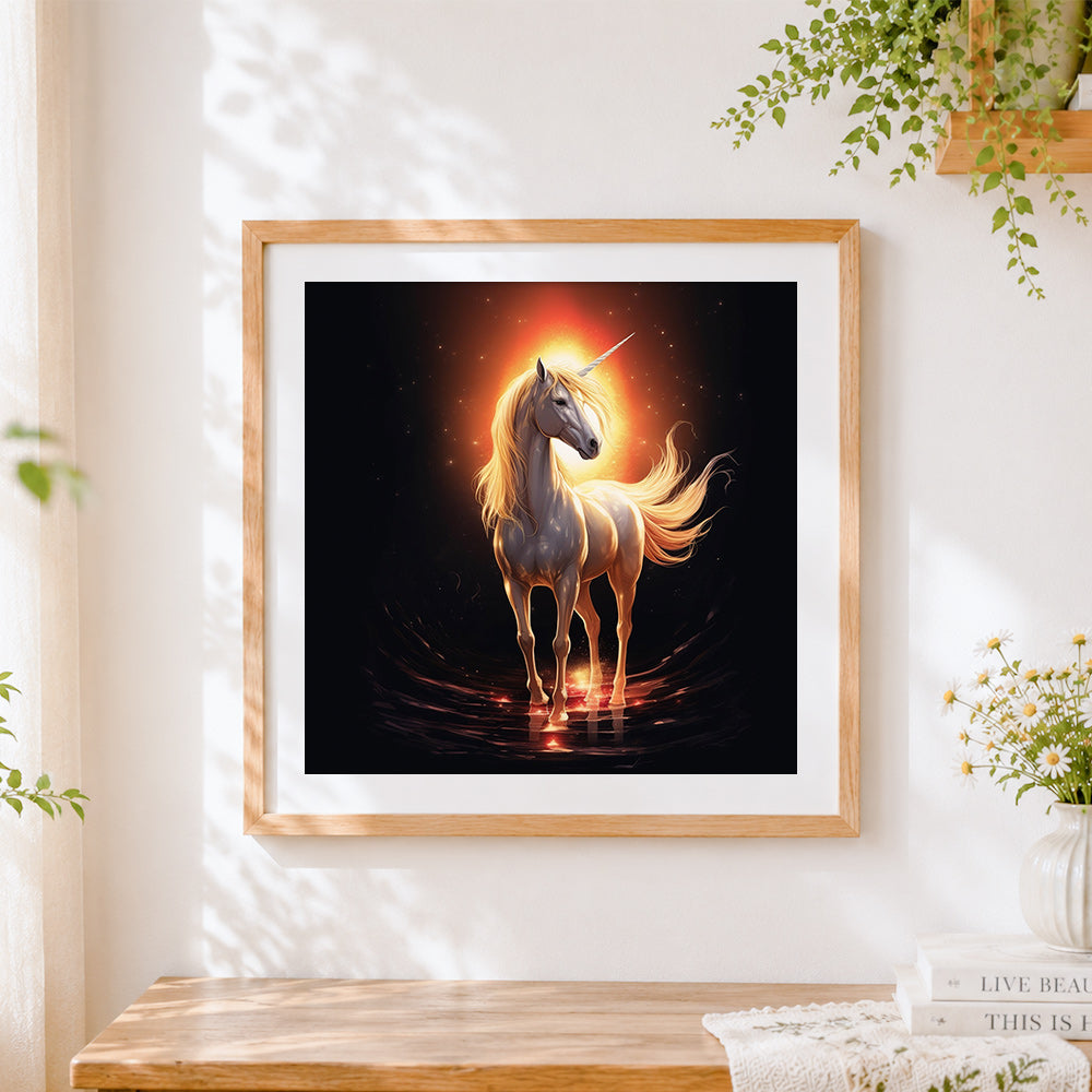 Finished glowing golden unicorn cross stitch artwork displayed