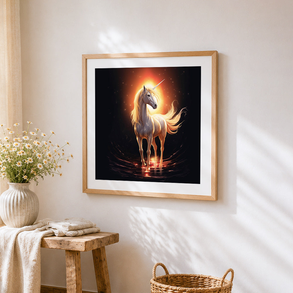 Glowing golden unicorn cross stitch artwork displayed on wall as home decor