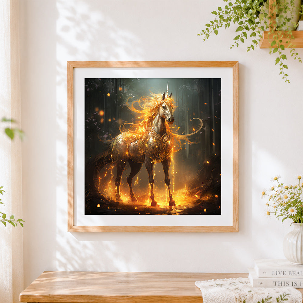 Finished glowing golden unicorn in a mystical forest cross stitch artwork displayed