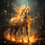 Glowing golden unicorn in a mystical forest cross stitch kit for beginners