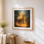 Glowing golden unicorn in a mystical forest cross stitch artwork displayed on wall as home decor
