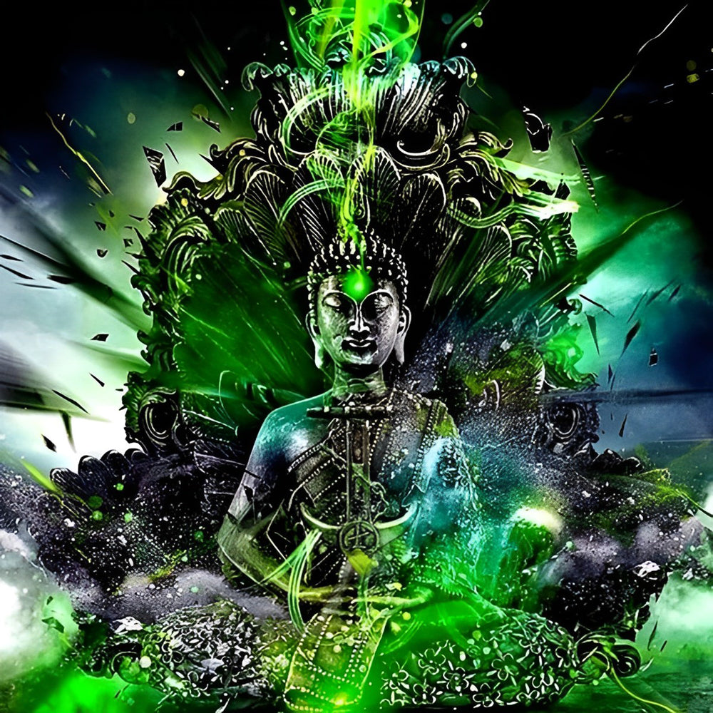Glowing green buddha cross stitch kit for beginners