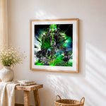 Glowing green buddha cross stitch artwork displayed on wall as home decor