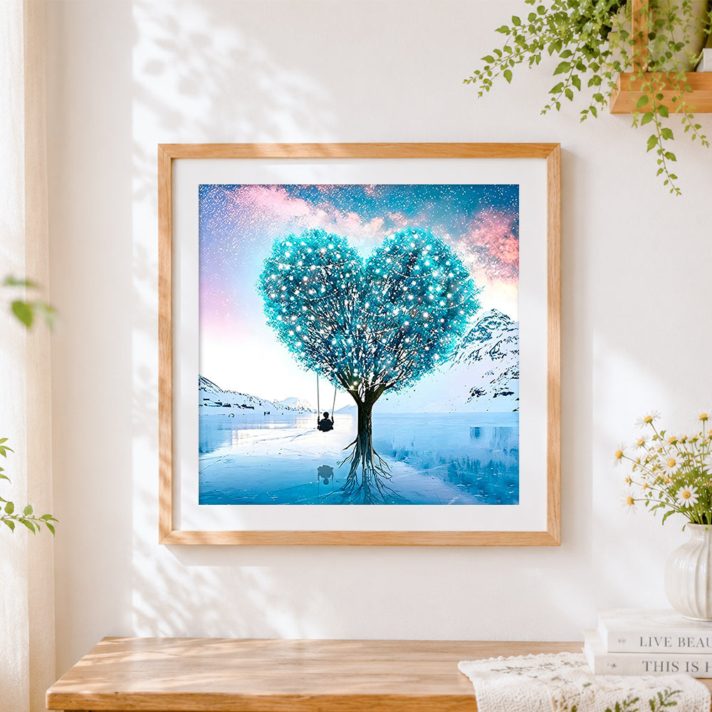 Finished glowing heart tree with swing paint by numbers artwork displayed as home decor