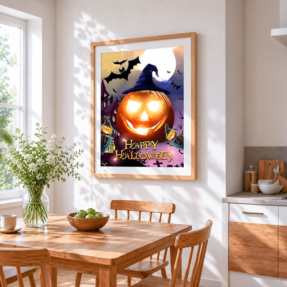 Glowing jack-o'-lantern and bats cross stitch artwork displayed on wall as home decor