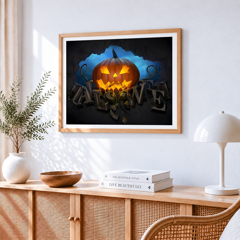 Glowing jack o lantern and halloween typography cross stitch artwork displayed on wall as home decor