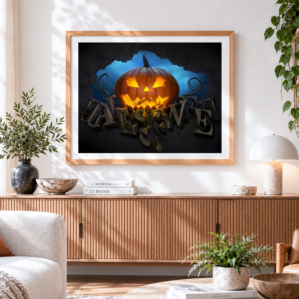 Finished glowing jack-o'-lantern and halloween typography paint by numbers artwork displayed as home decor