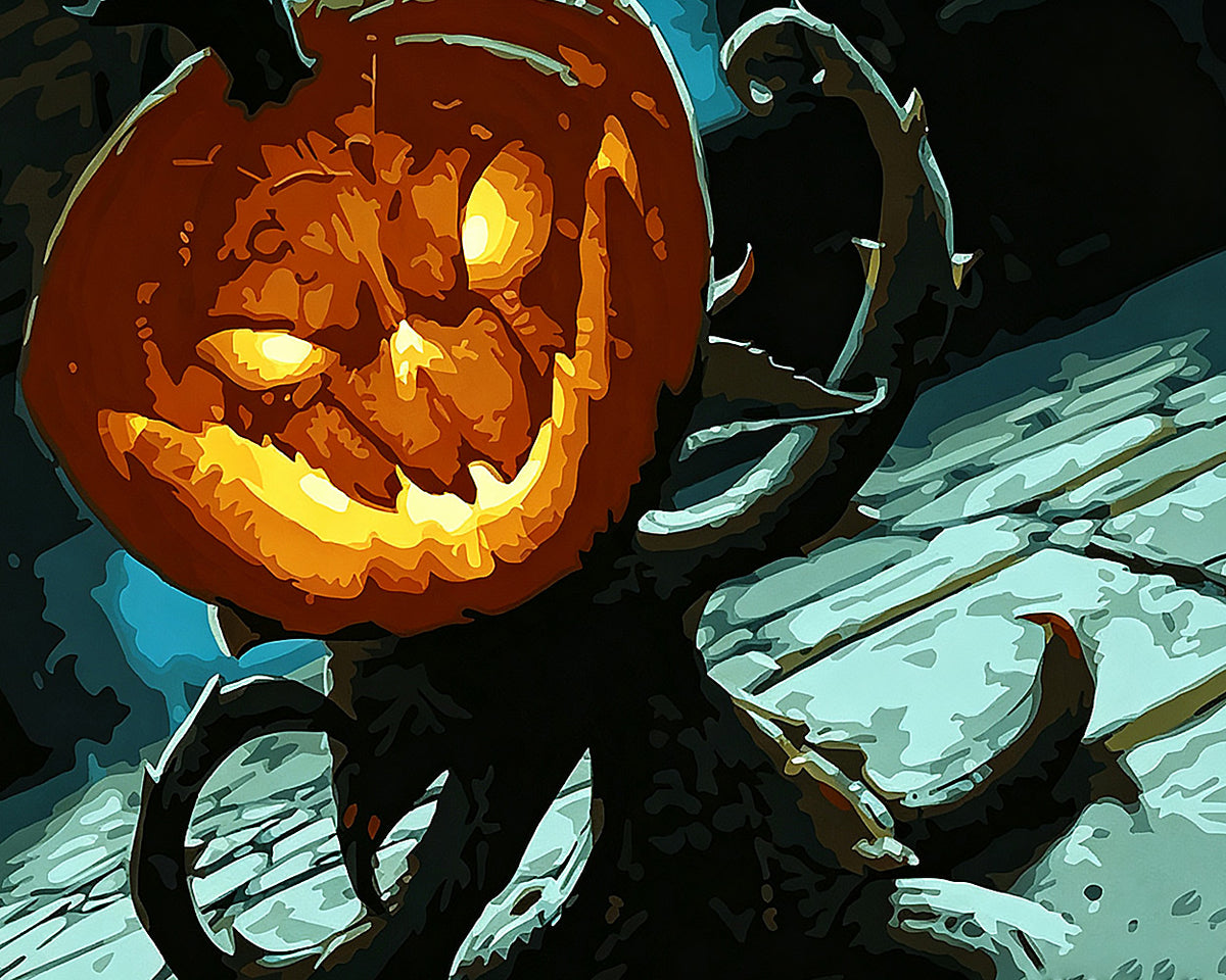 Glowing jack o lantern in dark woods cross stitch kit for beginners