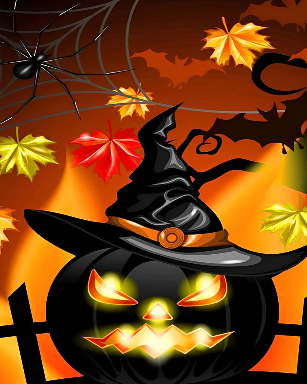 Glowing jack-o'-lantern with witch hat cross stitch kit for beginners