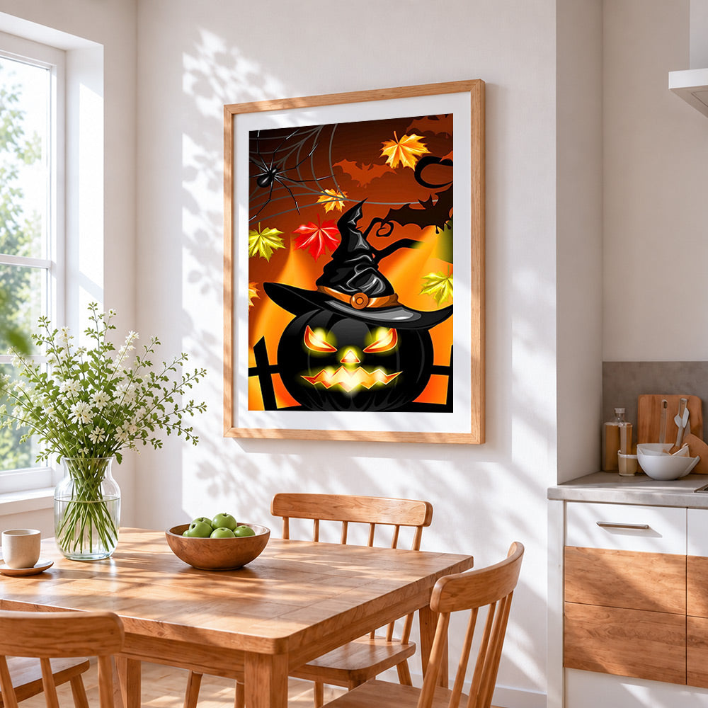 Glowing jack-o'-lantern with witch hat cross stitch artwork displayed on wall as home decor