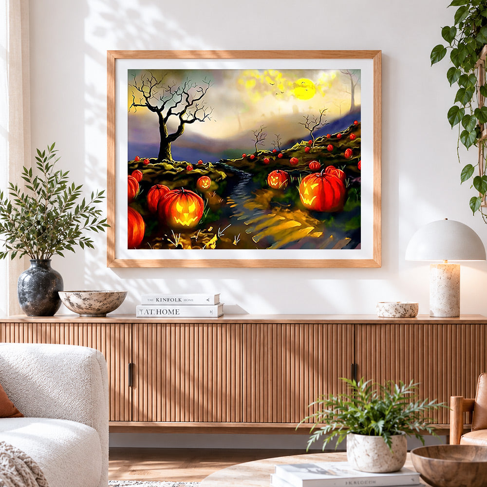 Finished glowing jack-o'-lanterns on a misty path cross stitch artwork displayed