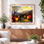 Finished glowing jack-o'-lanterns on a misty path cross stitch artwork displayed
