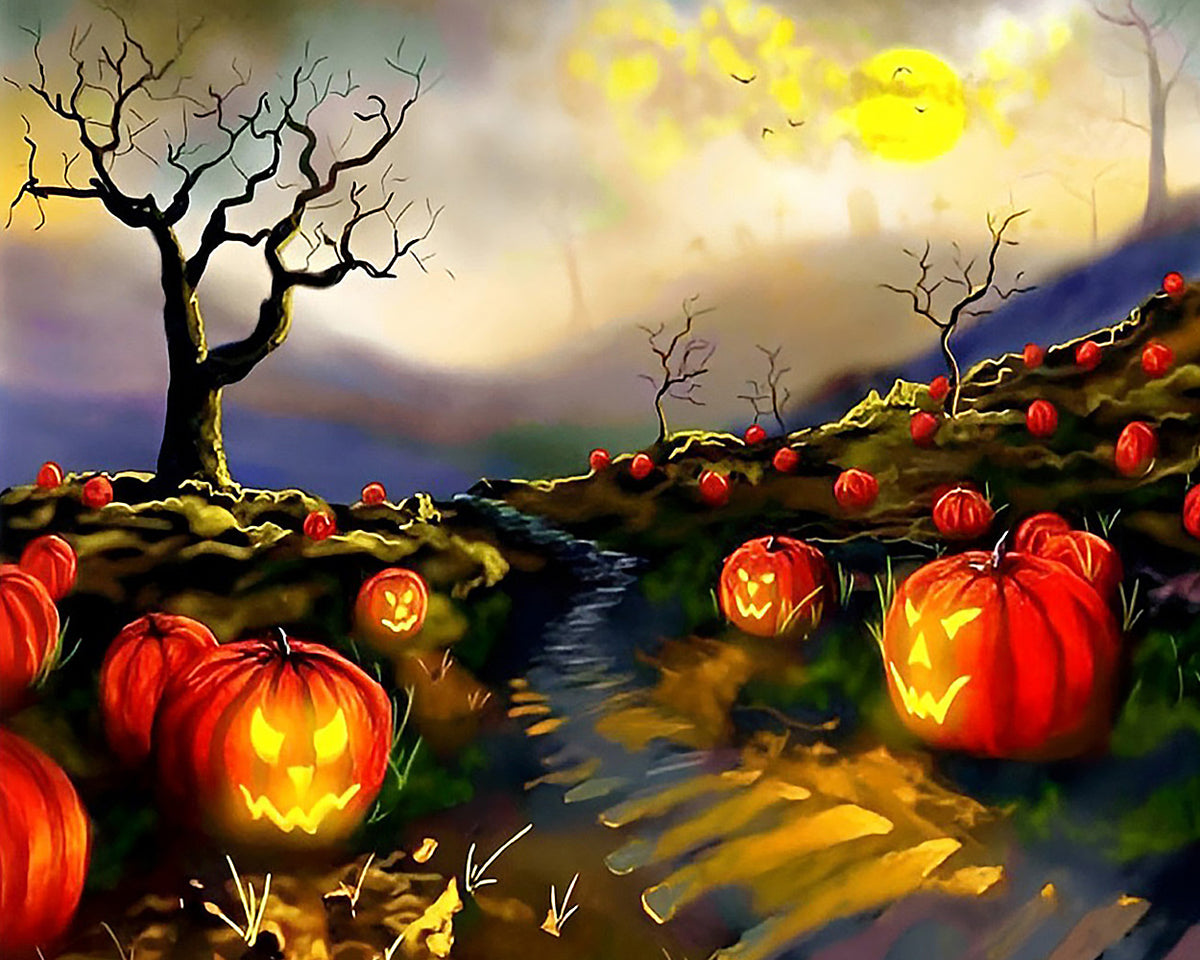 Glowing jack-o'-lanterns on a misty path cross stitch kit for beginners