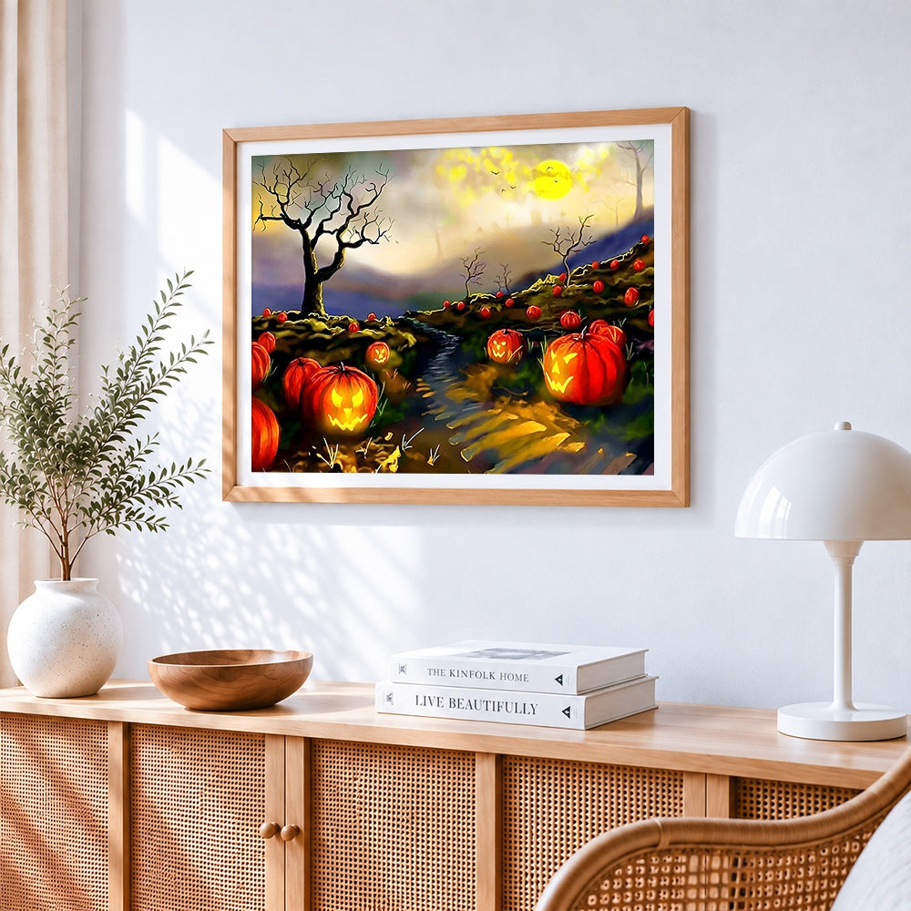 Glowing jack-o'-lanterns on a misty path cross stitch artwork displayed on wall as home decor