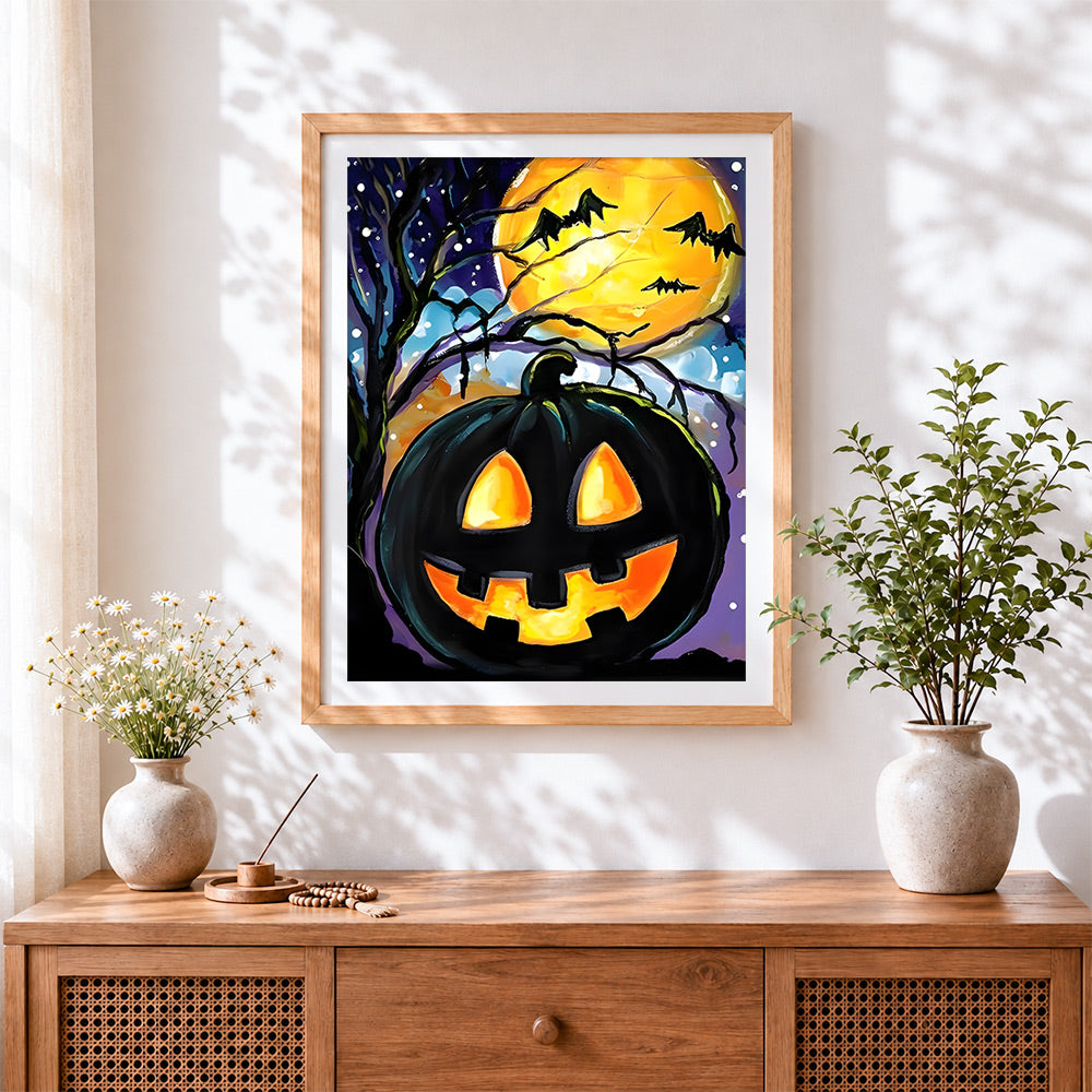 Finished glowing jacko lantern in a starry night paint by numbers artwork displayed as home decor