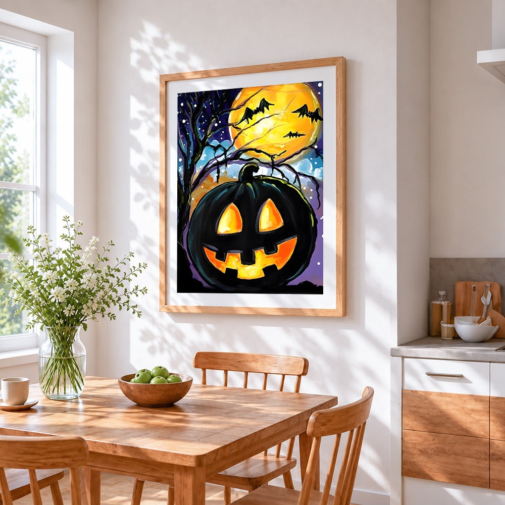 Glowing jacko lantern in a starry night paint by numbers artwork displayed on wall as home decor