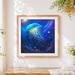 Finished glowing jellyfish in the deep ocean cross stitch artwork displayed