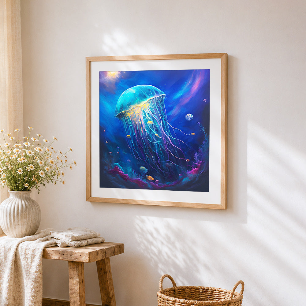Glowing jellyfish in the deep ocean cross stitch artwork displayed on wall as home decor