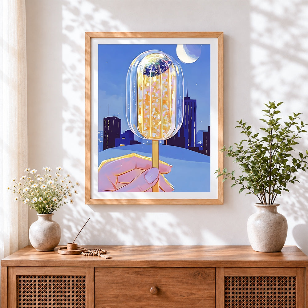 Finished glowing lollipop in the city at night cross stitch artwork displayed