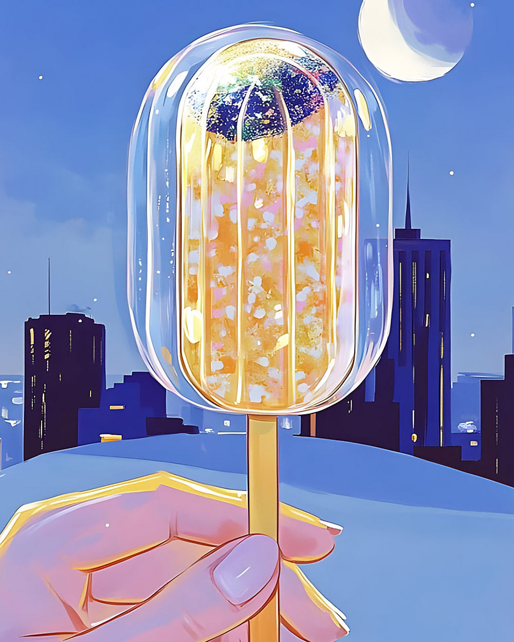 Glowing lollipop in the city at night cross stitch kit for beginners