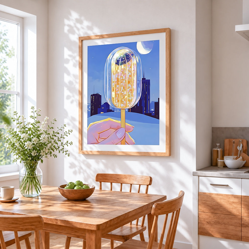 Glowing lollipop in the city at night cross stitch artwork displayed on wall as home decor