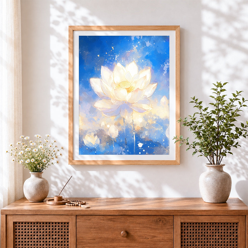 Finished glowing lotus on blue watercolour cross stitch artwork displayed