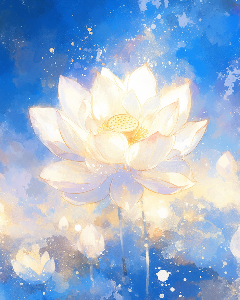 Glowing lotus on blue watercolour cross stitch kit for beginners