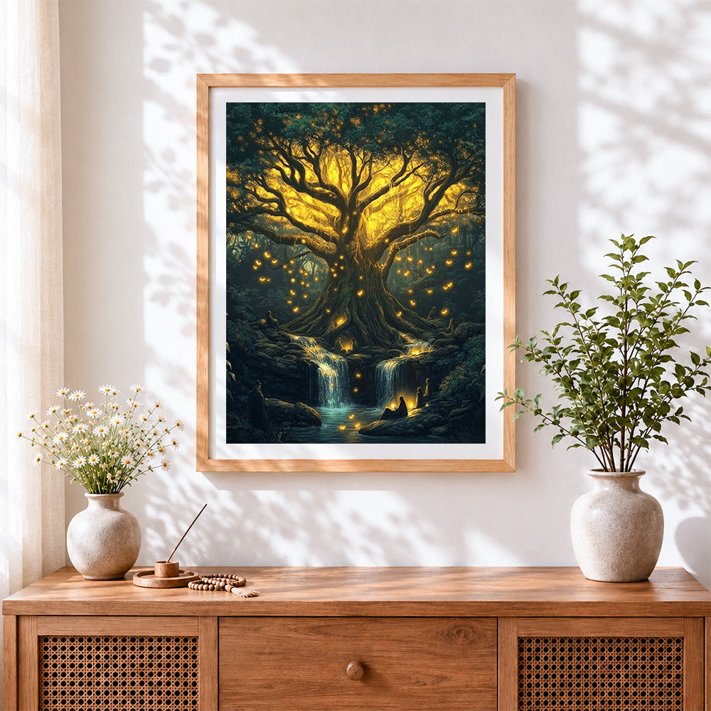 Finished glowing magical tree and waterfall cross stitch artwork displayed