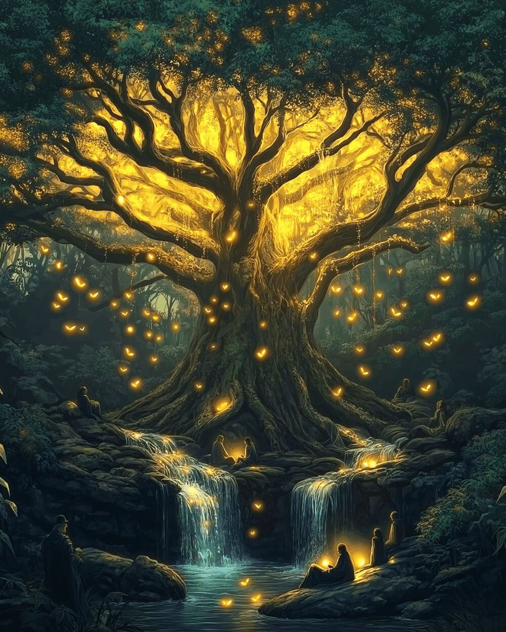 Glowing magical tree and waterfall cross stitch kit for beginners