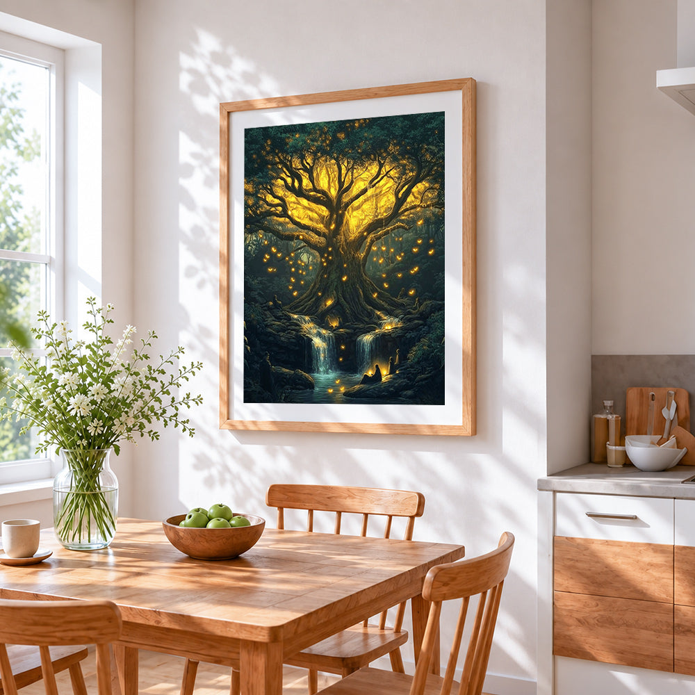 Glowing magical tree and waterfall cross stitch artwork displayed on wall as home decor
