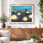 Finished glowing moons and boatman paint by numbers artwork displayed as home decor