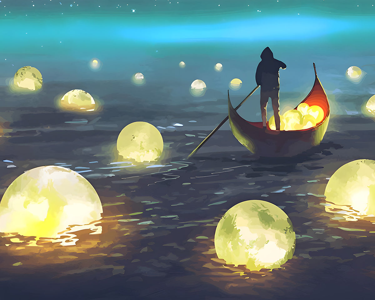 Glowing moons and boatman paint by numbers kit for beginners