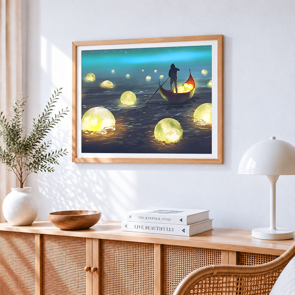 Glowing moons and boatman paint by numbers artwork displayed on wall as home decor