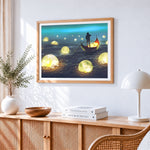 Glowing moons and boatman paint by numbers artwork displayed on wall as home decor