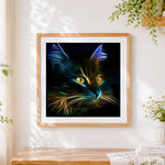 Finished glowing neon cat in the dark cross stitch artwork displayed
