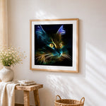 Glowing neon cat in the dark paint by numbers artwork displayed on wall as home decor