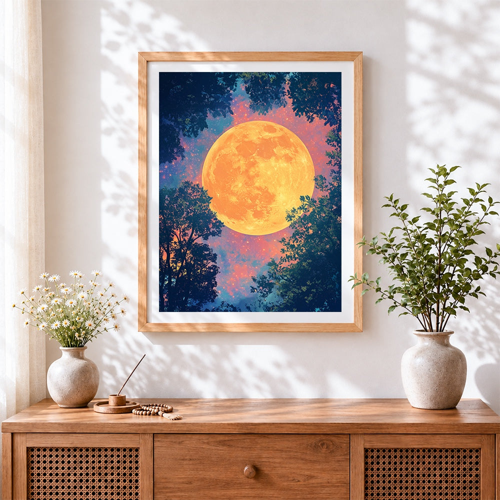 Finished glowing orange moon and tree silhouettes cross stitch artwork displayed