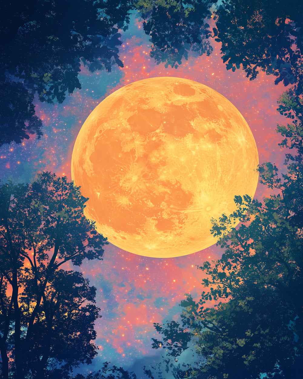 Glowing orange moon and tree silhouettes cross stitch kit for beginners