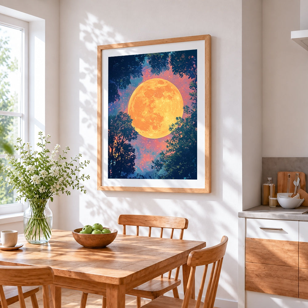 Glowing orange moon and tree silhouettes cross stitch artwork displayed on wall as home decor