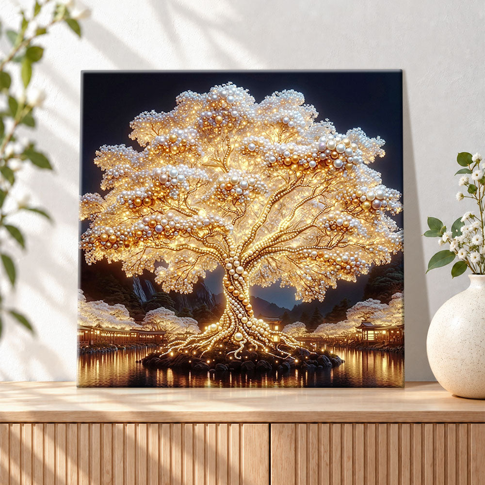 Finished glowing pearl tree of life pearl diamond painting artwork displayed as holiday home decor
