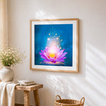 Glowing pink lotus flower cross stitch artwork displayed on wall as home decor