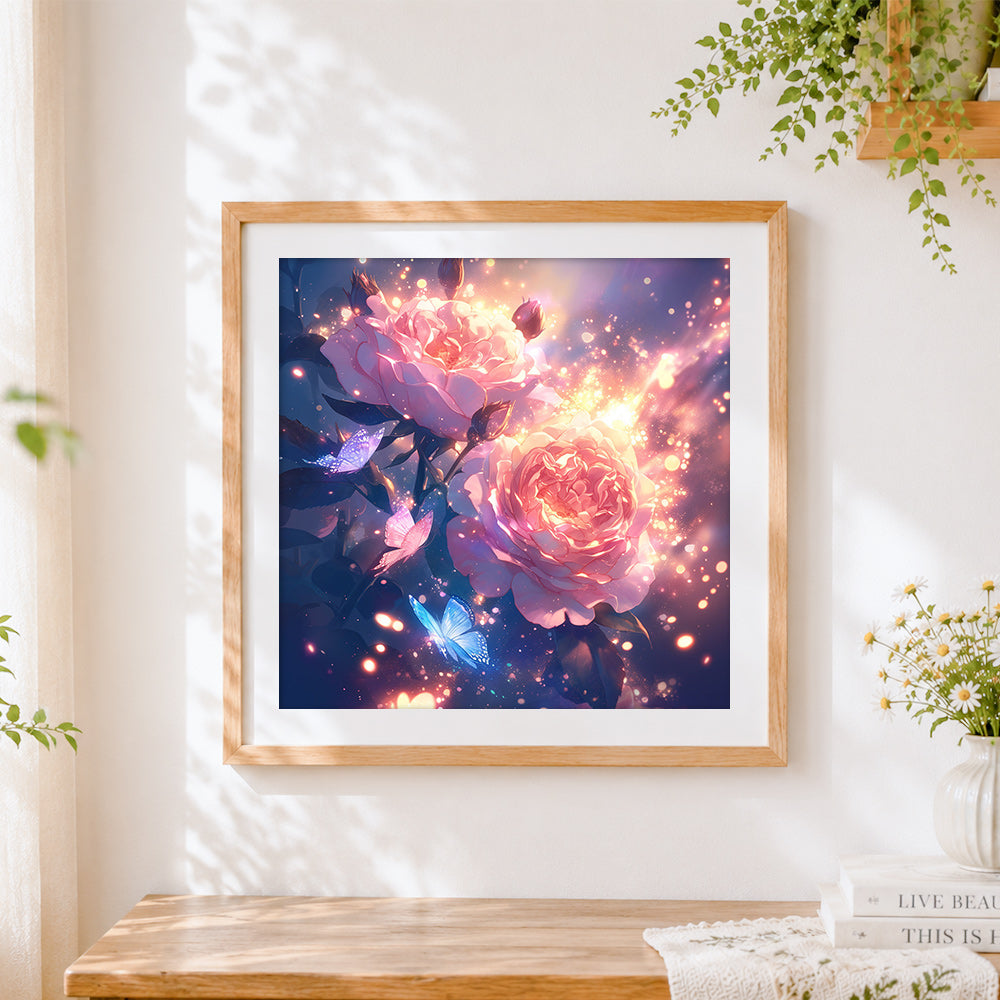 Finished glowing pink roses and butterflies cross stitch artwork displayed