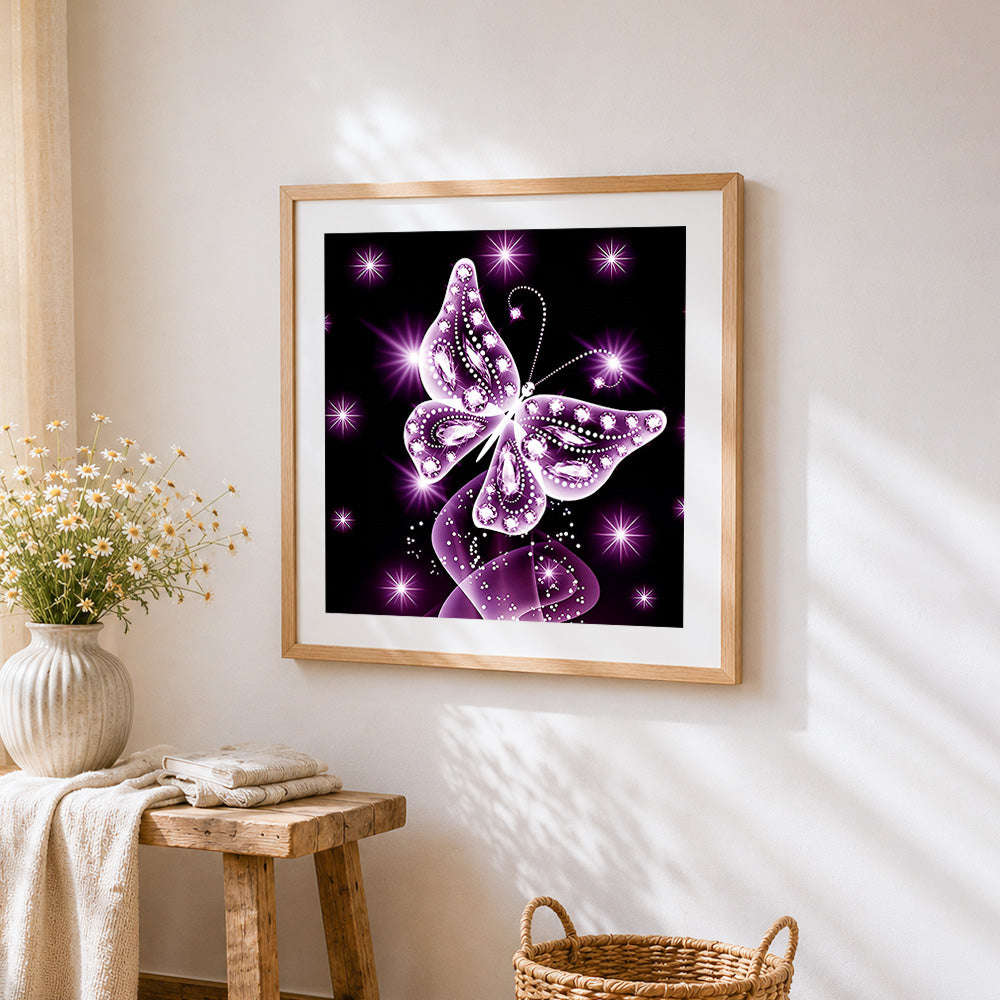 Glowing purple crystal butterfly cross stitch artwork displayed on wall as home decor