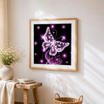 Glowing purple crystal butterfly cross stitch artwork displayed on wall as home decor