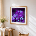 Glowing purple mystical cats paint by numbers artwork displayed on wall as home decor