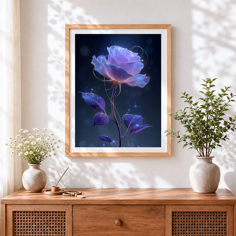 Finished glowing purple rose cross stitch artwork displayed