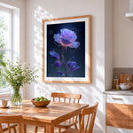 Glowing purple rose cross stitch artwork displayed on wall as home decor