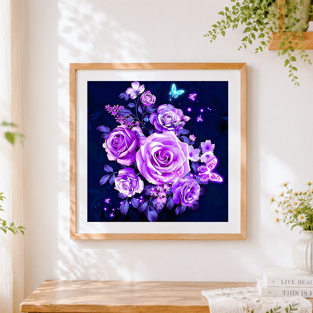 Finished glowing purple roses and butterflies cross stitch artwork displayed
