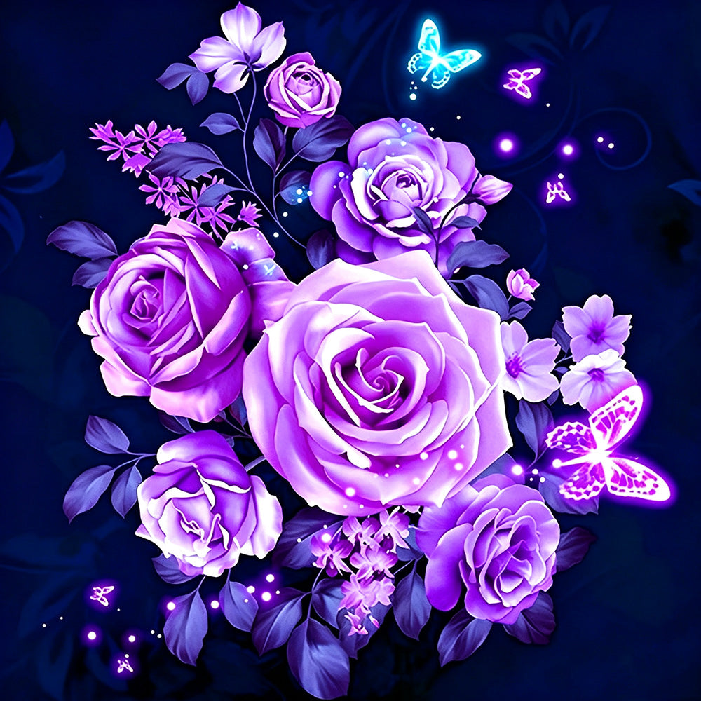 Glowing purple roses and butterflies cross stitch kit for beginners